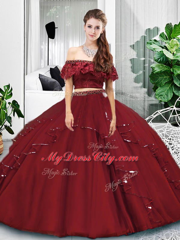 Dramatic Burgundy Off The Shoulder Lace Up Lace and Ruffles Quinceanera Dresses Sleeveless