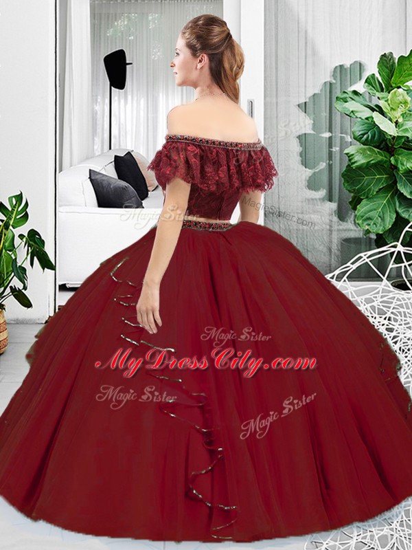 Dramatic Burgundy Off The Shoulder Lace Up Lace and Ruffles Quinceanera Dresses Sleeveless