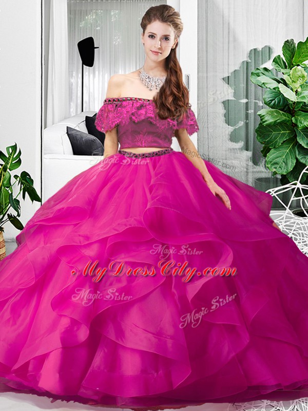 Luxury Hot Pink Two Pieces Off The Shoulder Sleeveless Tulle Floor Length Lace Up Lace and Ruffles Sweet 16 Dresses