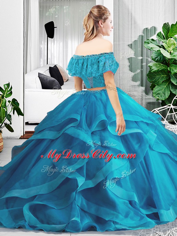 Luxury Hot Pink Two Pieces Off The Shoulder Sleeveless Tulle Floor Length Lace Up Lace and Ruffles Sweet 16 Dresses