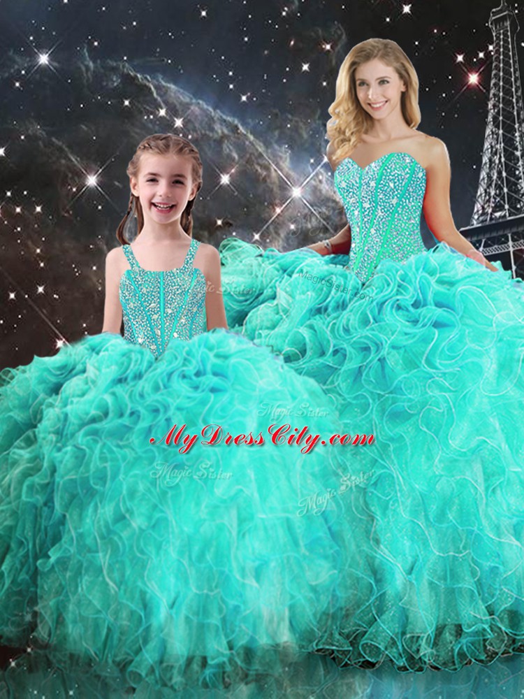 Best Turquoise Lace Up Ball Gown Prom Dress Beading and Ruffles Sleeveless Floor Length