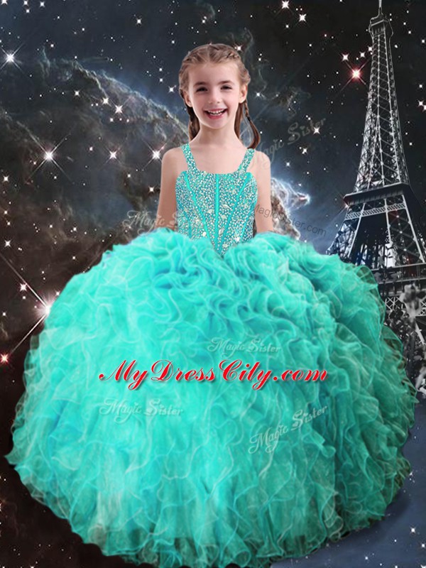 Best Turquoise Lace Up Ball Gown Prom Dress Beading and Ruffles Sleeveless Floor Length