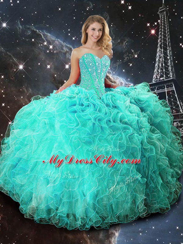 Best Turquoise Lace Up Ball Gown Prom Dress Beading and Ruffles Sleeveless Floor Length