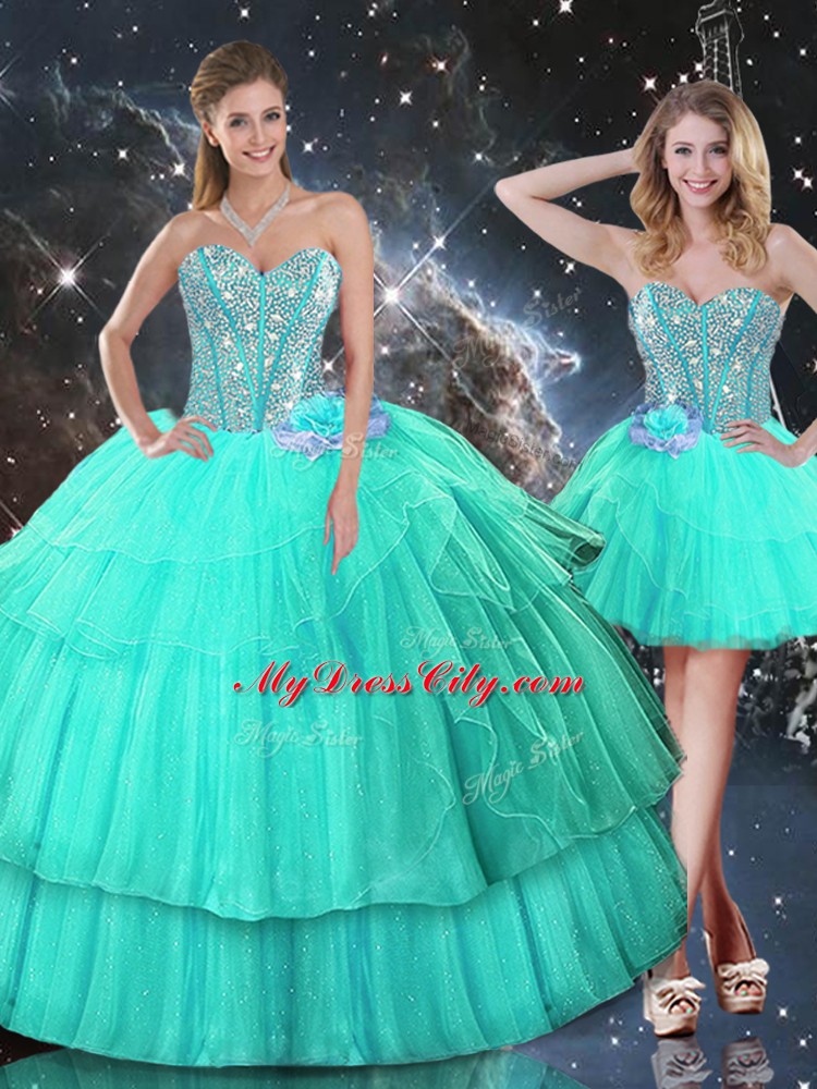 Turquoise Sweetheart Lace Up Ruffled Layers and Sequins Quince Ball Gowns Sleeveless