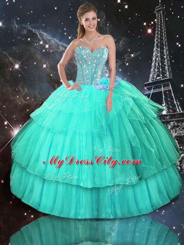 Turquoise Sweetheart Lace Up Ruffled Layers and Sequins Quince Ball Gowns Sleeveless