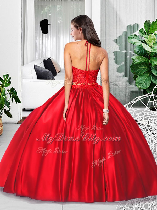 Discount Halter Top Sleeveless Taffeta Sweet 16 Dresses Lace and Ruching Zipper