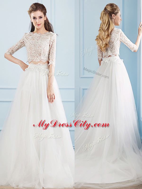 White Two Pieces Lace Wedding Dresses Zipper Tulle Half Sleeves