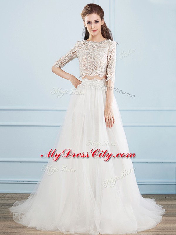 White Two Pieces Lace Wedding Dresses Zipper Tulle Half Sleeves