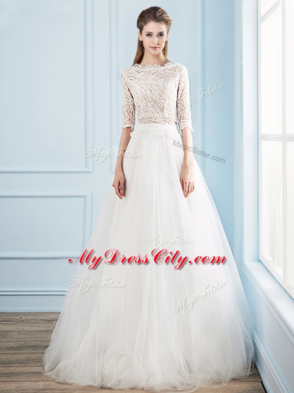 White Two Pieces Lace Wedding Dresses Zipper Tulle Half Sleeves