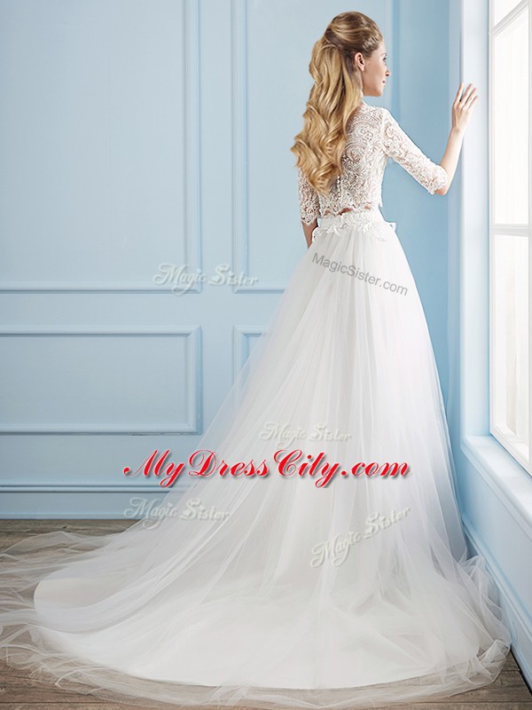 White Two Pieces Lace Wedding Dresses Zipper Tulle Half Sleeves