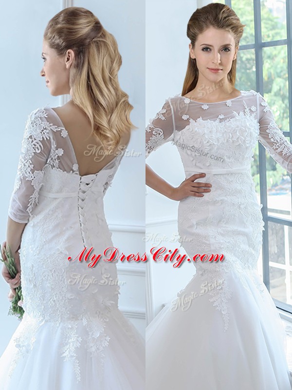 Scoop Half Sleeves Wedding Dresses Brush Train Lace White Tulle