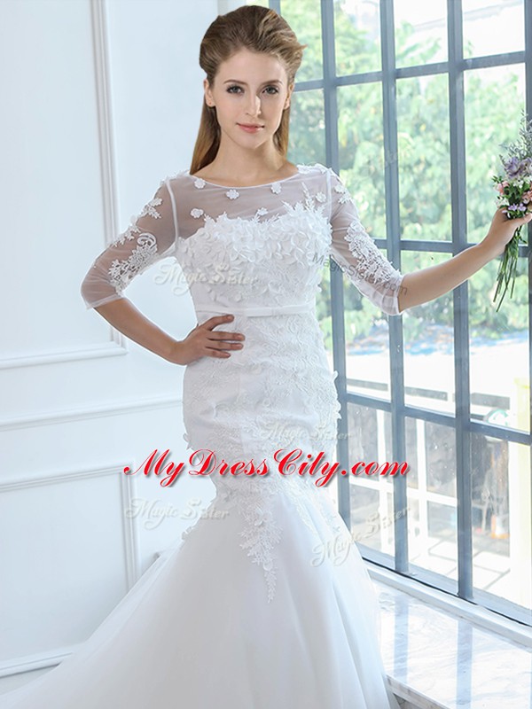 Scoop Half Sleeves Wedding Dresses Brush Train Lace White Tulle