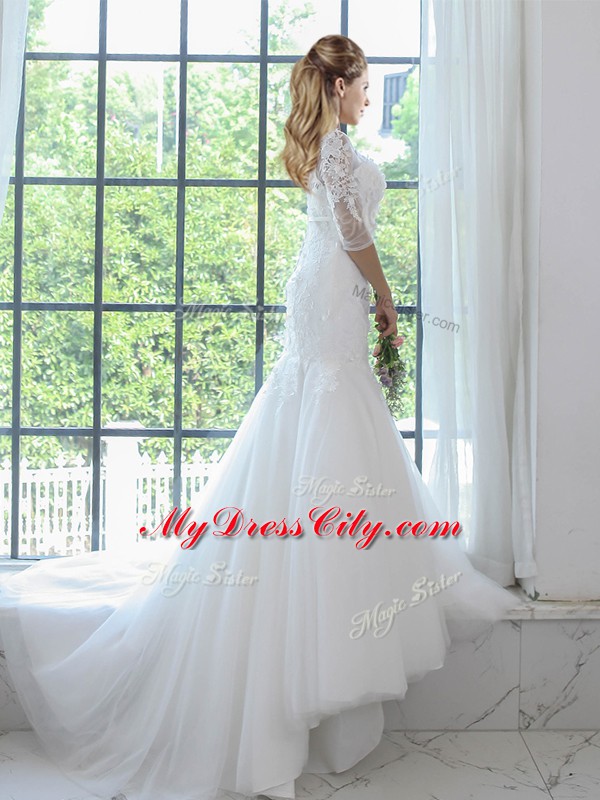 Scoop Half Sleeves Wedding Dresses Brush Train Lace White Tulle