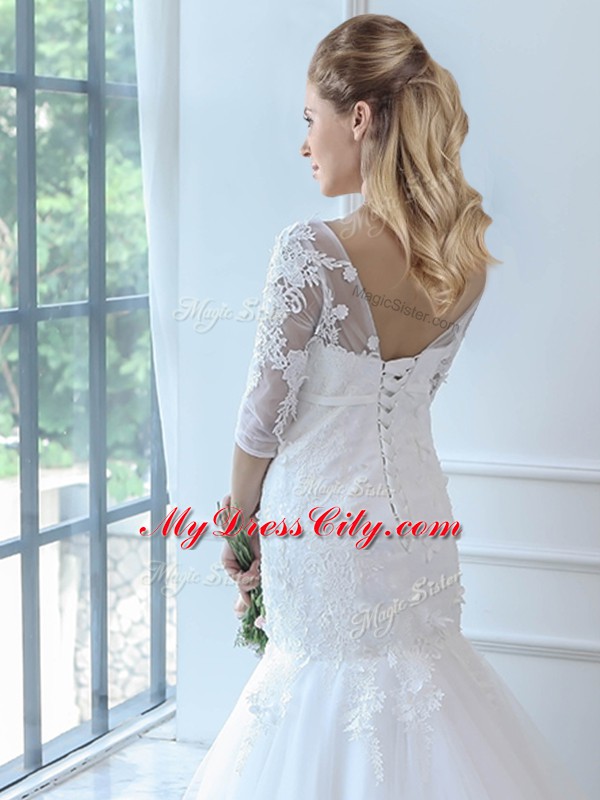 Scoop Half Sleeves Wedding Dresses Brush Train Lace White Tulle