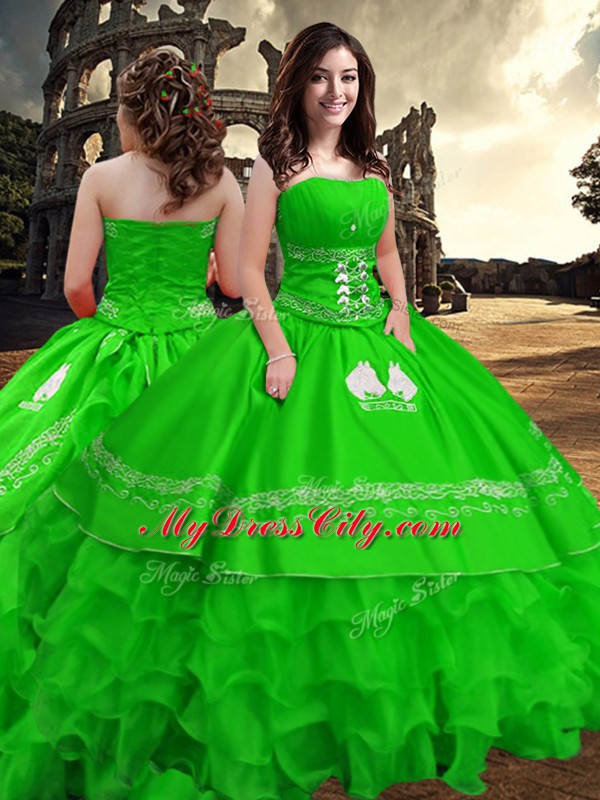 Custom Design Green Zipper Strapless Embroidery and Ruffled Layers Quinceanera Gown Taffeta Sleeveless