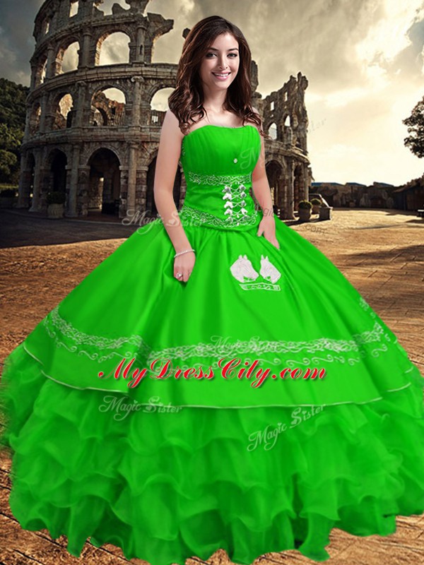 Custom Design Green Zipper Strapless Embroidery and Ruffled Layers Quinceanera Gown Taffeta Sleeveless