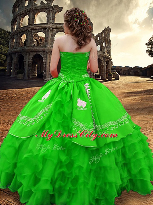 Custom Design Green Zipper Strapless Embroidery and Ruffled Layers Quinceanera Gown Taffeta Sleeveless