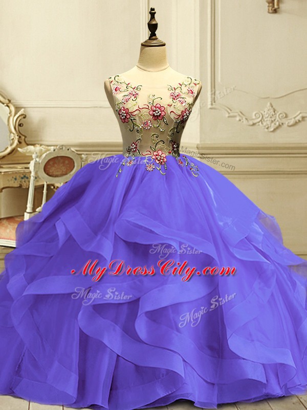 Organza Sleeveless Floor Length Sweet 16 Dress and Appliques and Ruffles