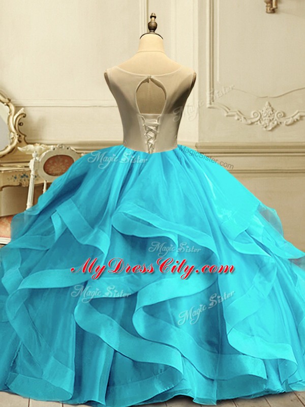 Organza Sleeveless Floor Length Sweet 16 Dress and Appliques and Ruffles