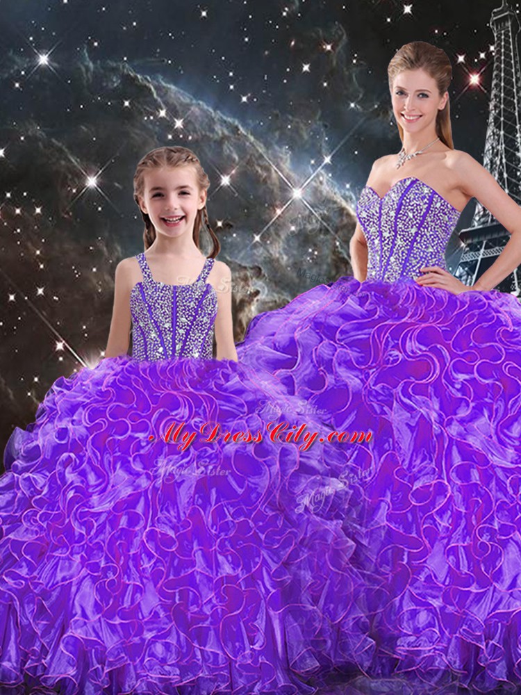 Dazzling Eggplant Purple Sleeveless Floor Length Beading and Ruffles Lace Up Quinceanera Dresses