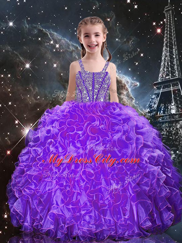 Dazzling Eggplant Purple Sleeveless Floor Length Beading and Ruffles Lace Up Quinceanera Dresses