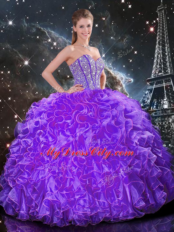 Dazzling Eggplant Purple Sleeveless Floor Length Beading and Ruffles Lace Up Quinceanera Dresses