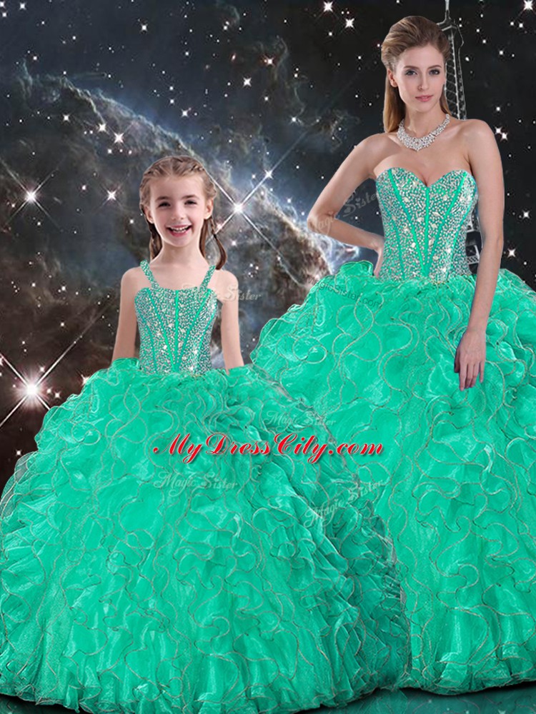 Turquoise Sweetheart Neckline Beading and Ruffles Quinceanera Dress Sleeveless Lace Up