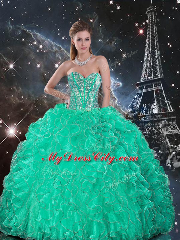 Turquoise Sweetheart Neckline Beading and Ruffles Quinceanera Dress Sleeveless Lace Up