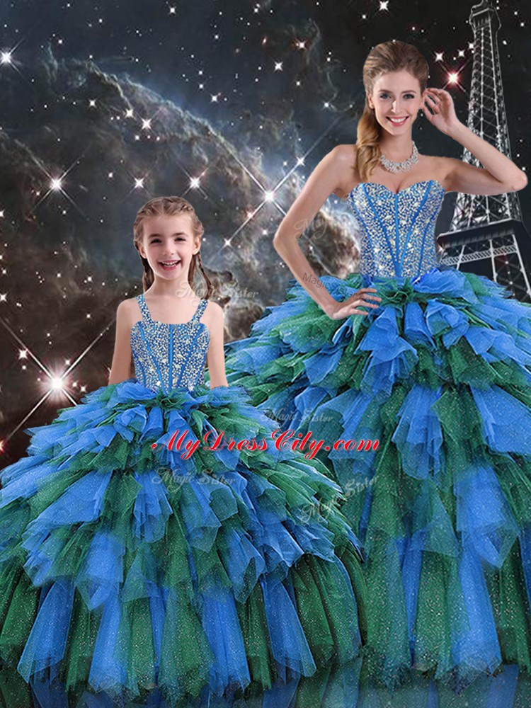 Deluxe Sweetheart Sleeveless Sweet 16 Dress Floor Length Beading and Ruffles and Ruffled Layers Multi-color Organza