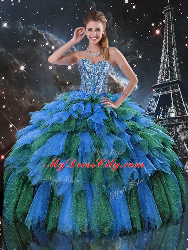 Deluxe Sweetheart Sleeveless Sweet 16 Dress Floor Length Beading and Ruffles and Ruffled Layers Multi-color Organza