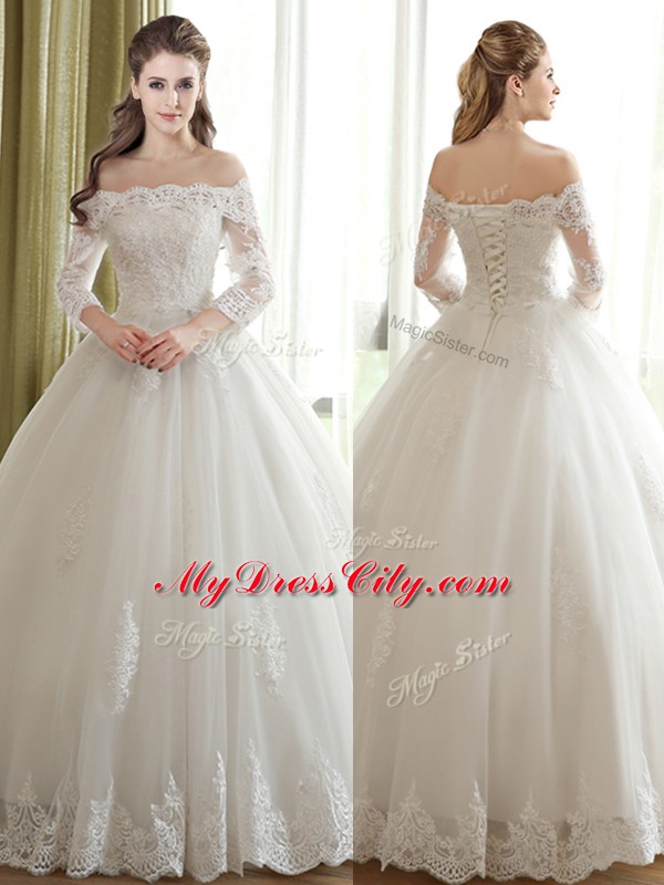 Extravagant Lace and Appliques Bridal Gown White Lace Up 3 4 Length Sleeve Floor Length