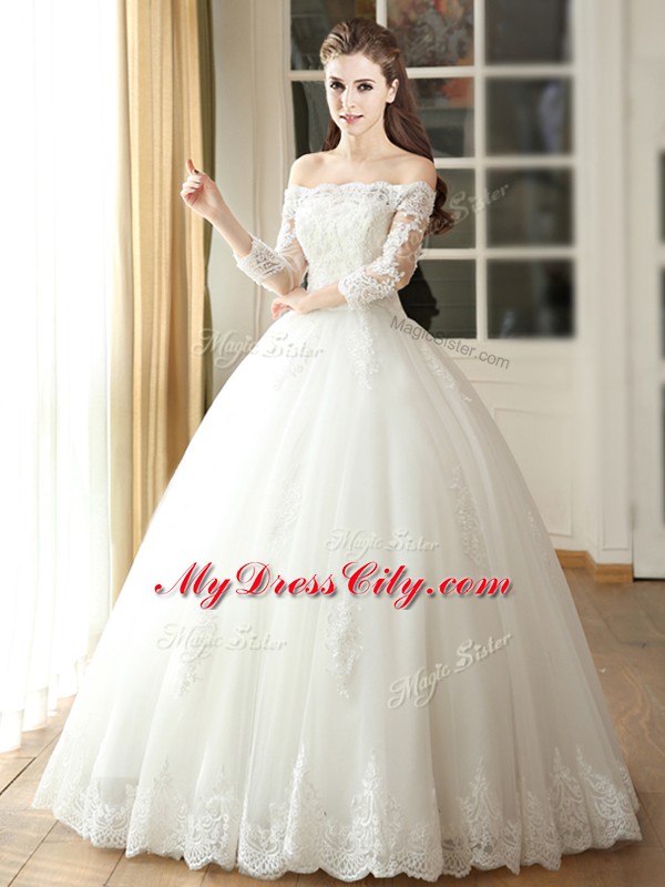 Extravagant Lace and Appliques Bridal Gown White Lace Up 3 4 Length Sleeve Floor Length