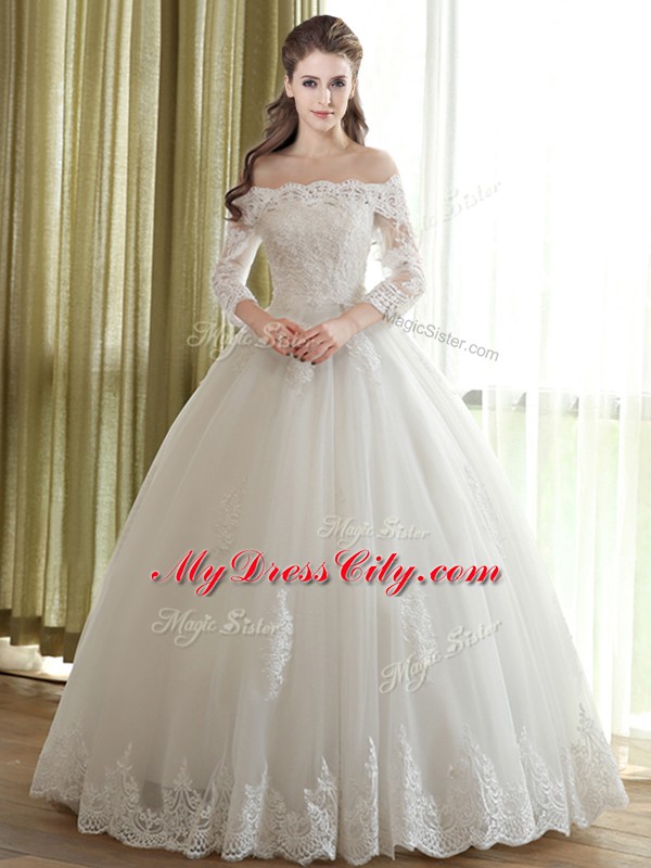 Extravagant Lace and Appliques Bridal Gown White Lace Up 3 4 Length Sleeve Floor Length