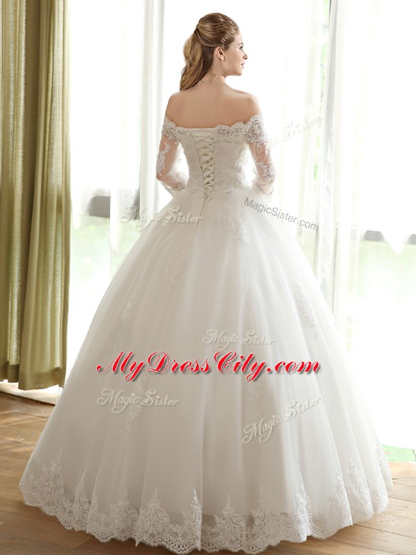 Extravagant Lace and Appliques Bridal Gown White Lace Up 3 4 Length Sleeve Floor Length