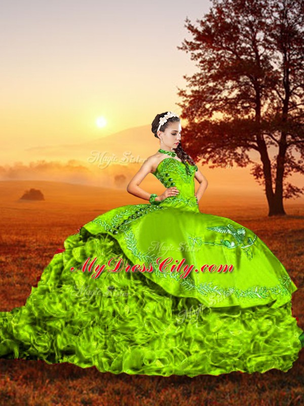 Custom Design Ball Gowns Sweetheart Sleeveless Organza Brush Train Lace Up Embroidery and Ruffles Ball Gown Prom Dress