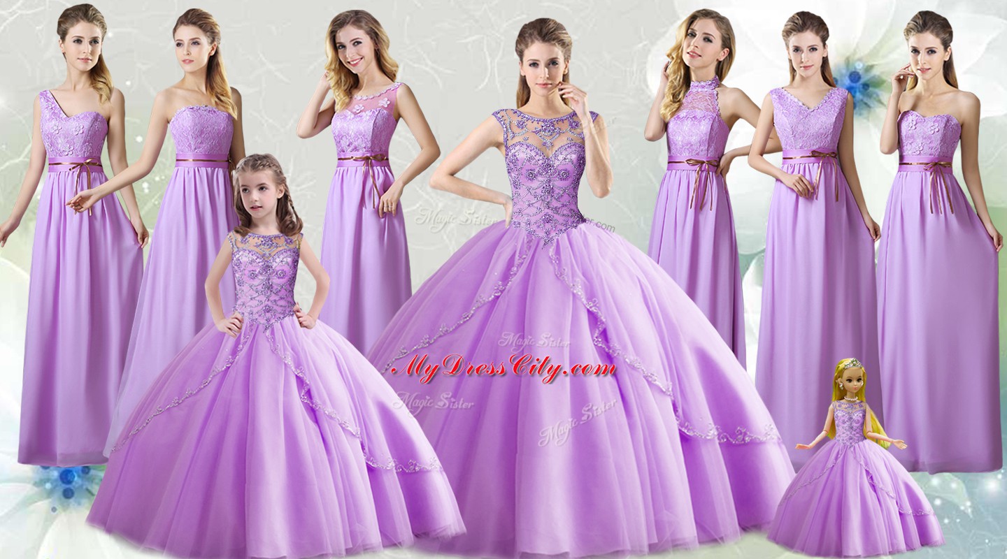 Classical Lilac Scoop Lace Up Beading Quinceanera Dresses Sleeveless