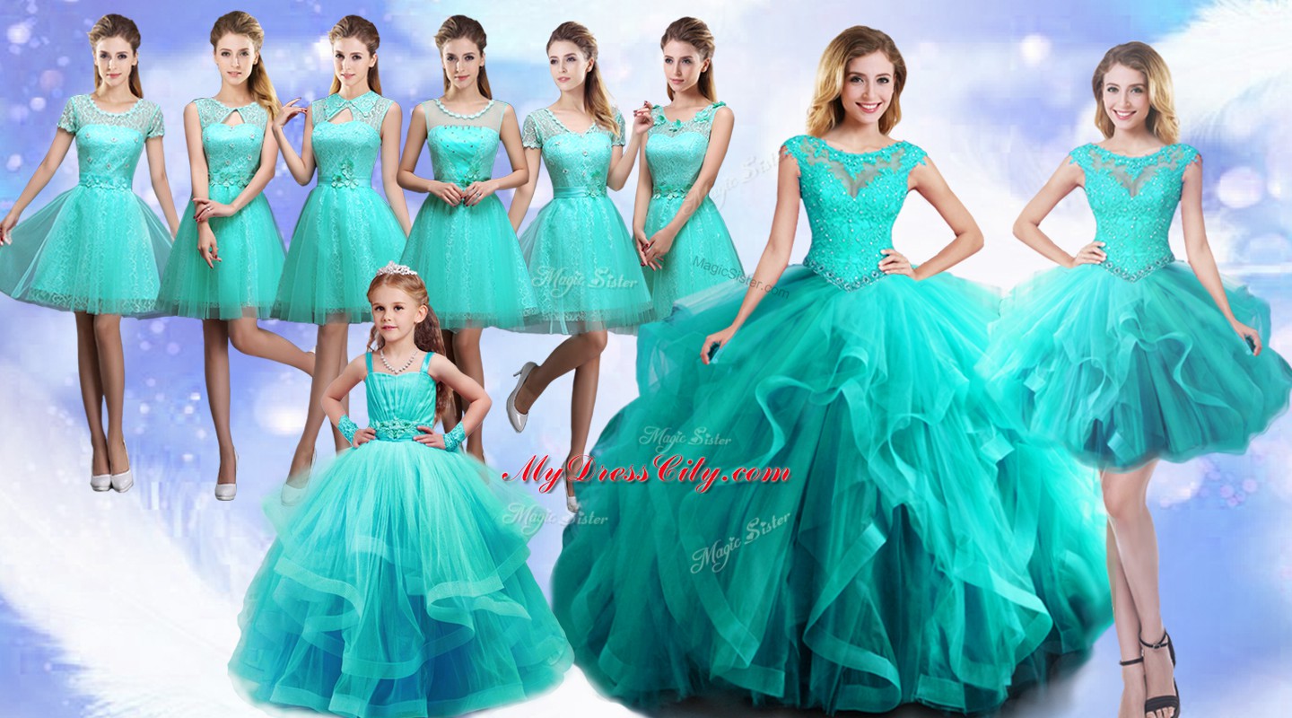 Turquoise Lace Up Vestidos de Quinceanera Beading and Lace Sleeveless Floor Length