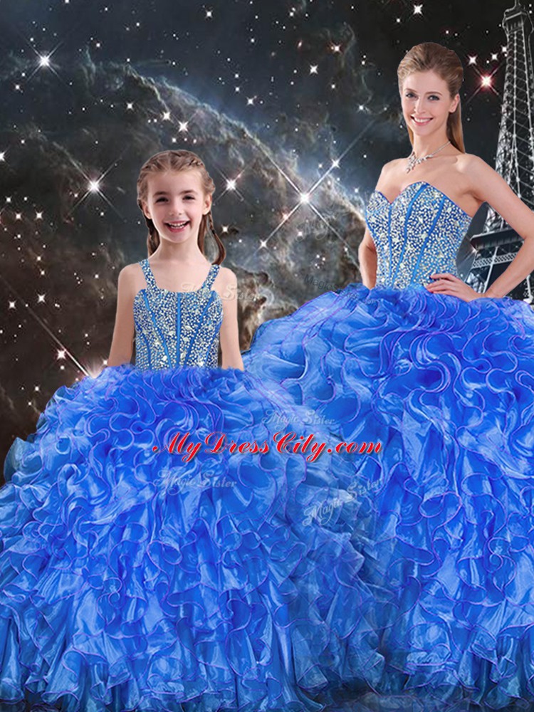 Royal Blue Sweetheart Neckline Beading and Ruffles Sweet 16 Dress Sleeveless Lace Up