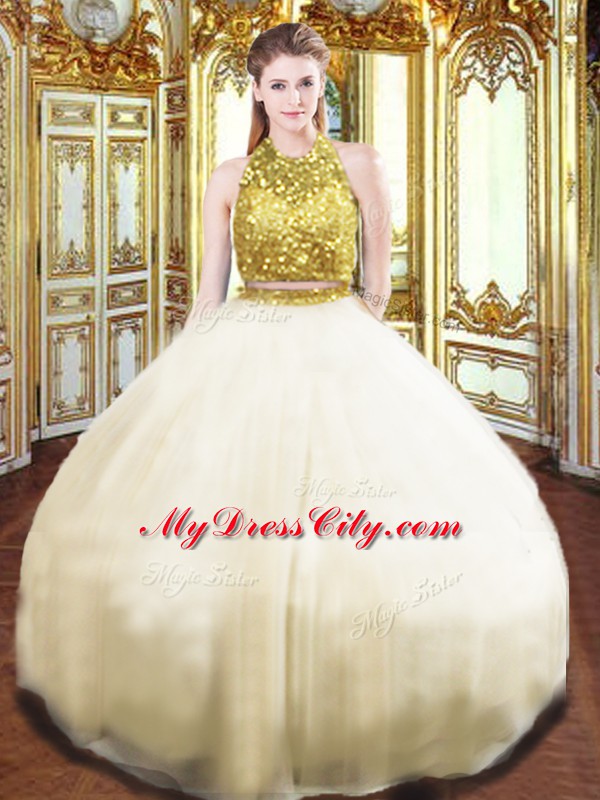 Tulle Halter Top Sleeveless Zipper Beading Quinceanera Gown in Champagne