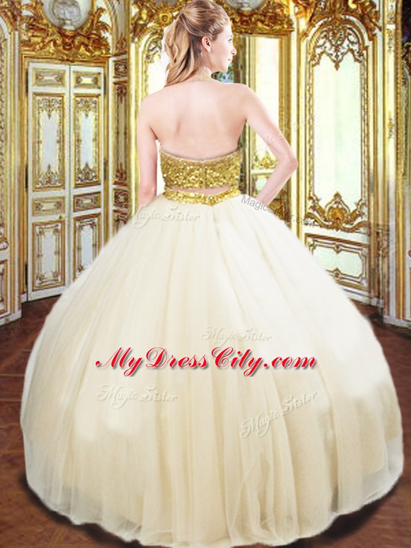 Tulle Halter Top Sleeveless Zipper Beading Quinceanera Gown in Champagne