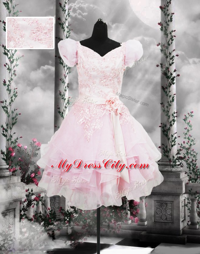 New Arrival Organza V-neck Short Sleeves Lace Up Beading and Appliques and Ruffles and Hand Made Flower Prom Dress in Baby Pink