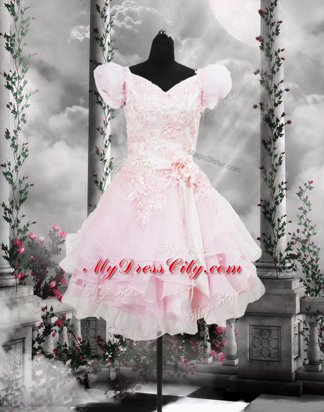 New Arrival Organza V-neck Short Sleeves Lace Up Beading and Appliques and Ruffles and Hand Made Flower Prom Dress in Baby Pink