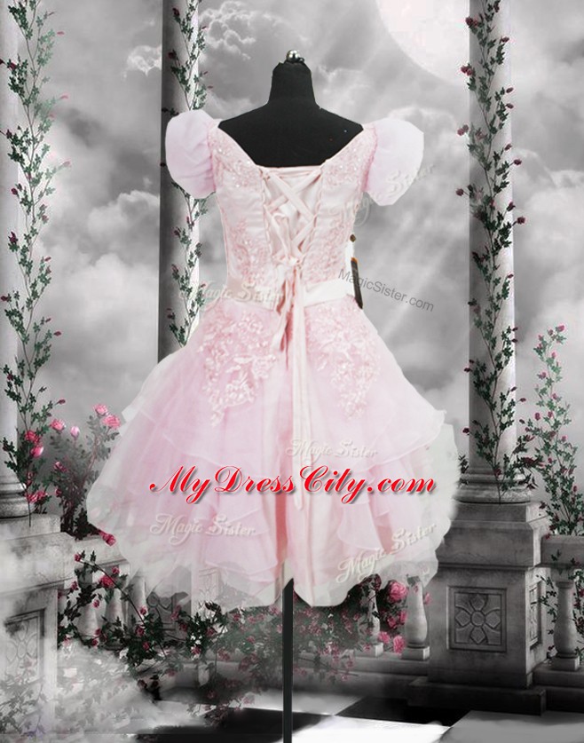 New Arrival Organza V-neck Short Sleeves Lace Up Beading and Appliques and Ruffles and Hand Made Flower Prom Dress in Baby Pink