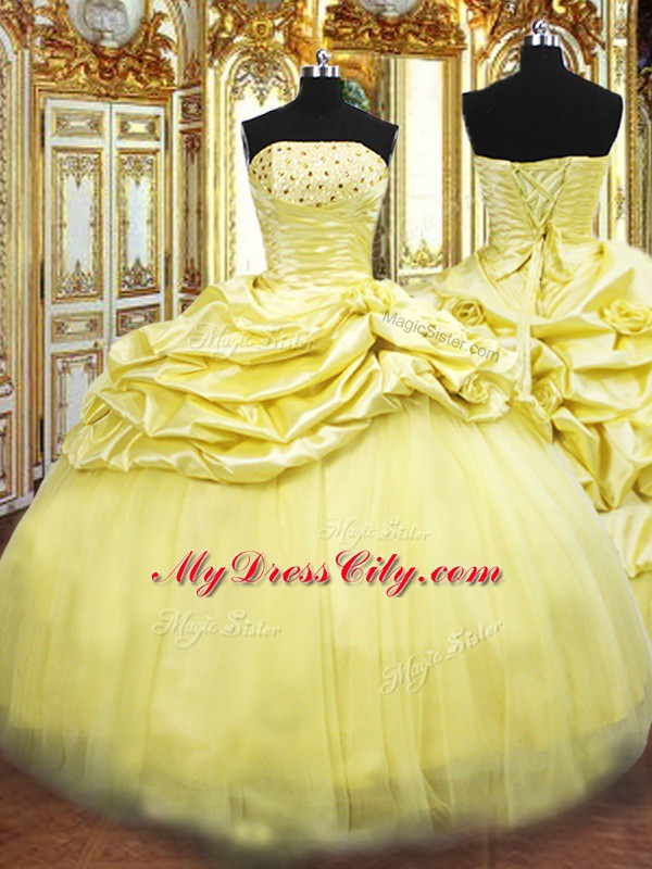 Comfortable Sleeveless Taffeta Floor Length Lace Up Vestidos de Quinceanera in Gold with Beading and Pick Ups