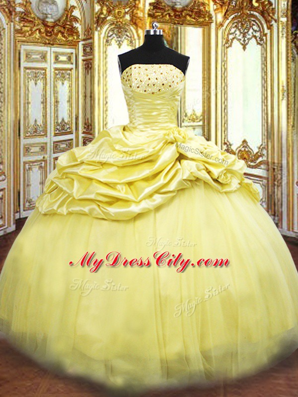 Comfortable Sleeveless Taffeta Floor Length Lace Up Vestidos de Quinceanera in Gold with Beading and Pick Ups