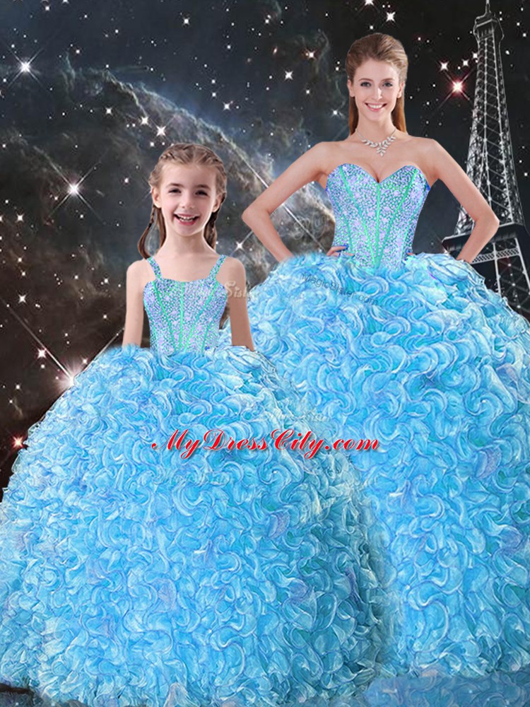 Baby Blue Sleeveless Floor Length Beading and Ruffles Lace Up Ball Gown Prom Dress