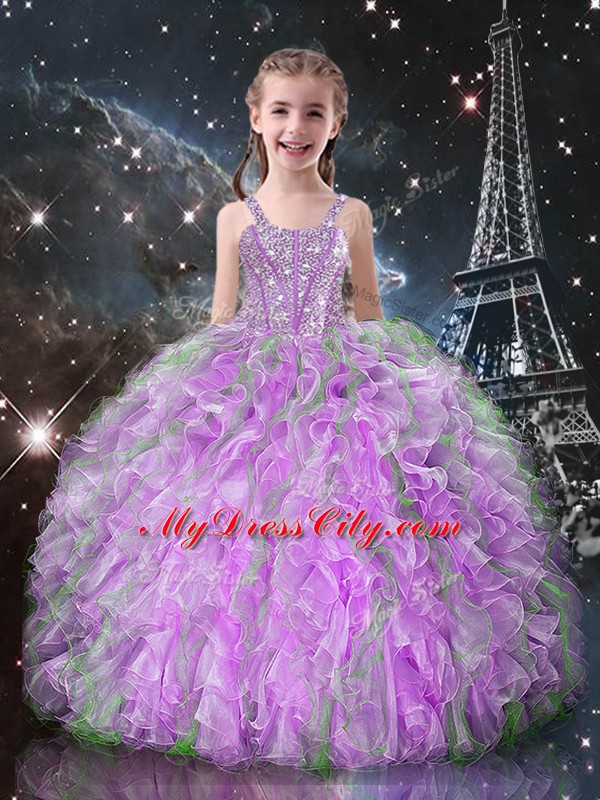 Floor Length Lilac Party Dress for Girls Straps Sleeveless Lace Up