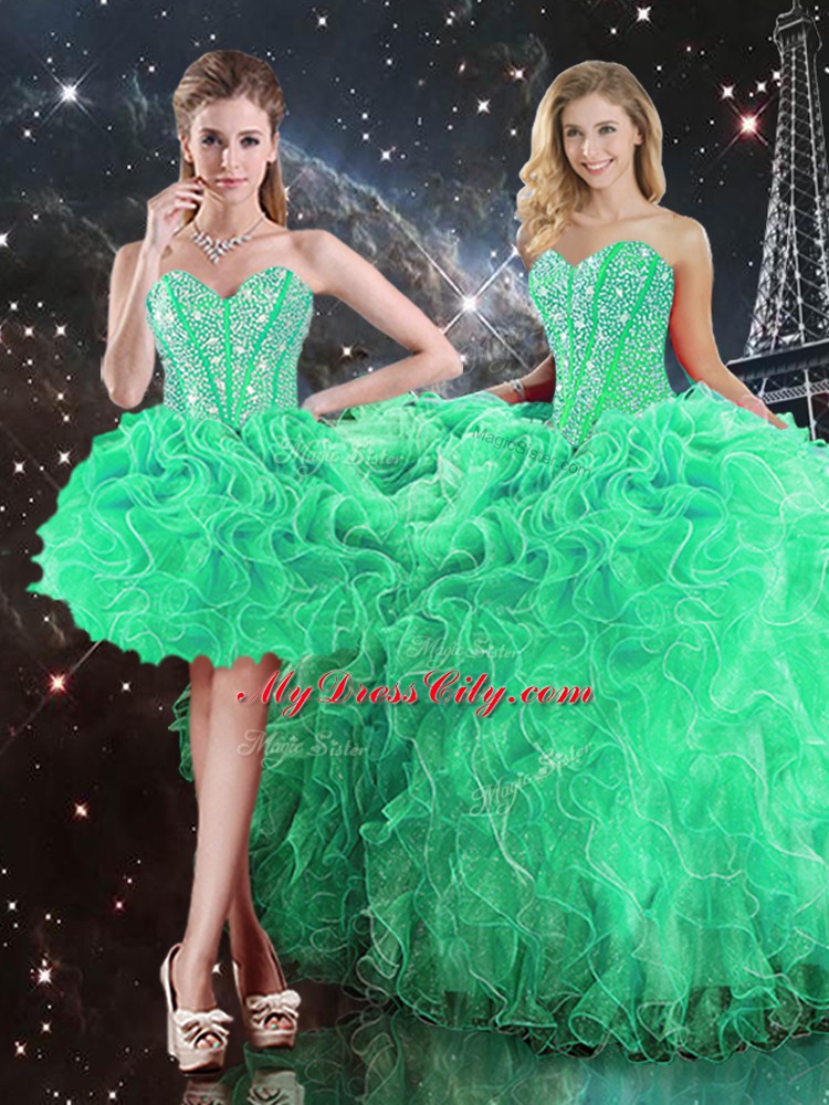 Low Price Green Sweetheart Lace Up Beading and Ruffles Quinceanera Dresses Sleeveless