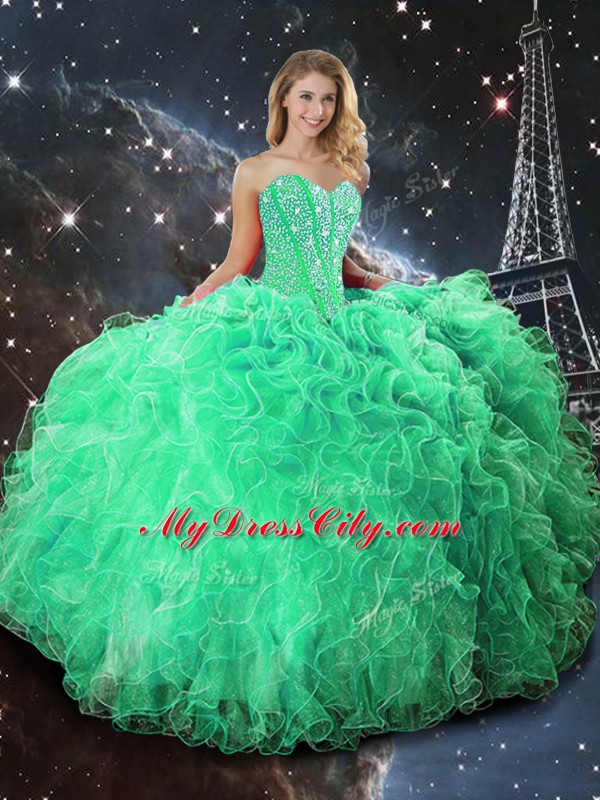 Low Price Green Sweetheart Lace Up Beading and Ruffles Quinceanera Dresses Sleeveless