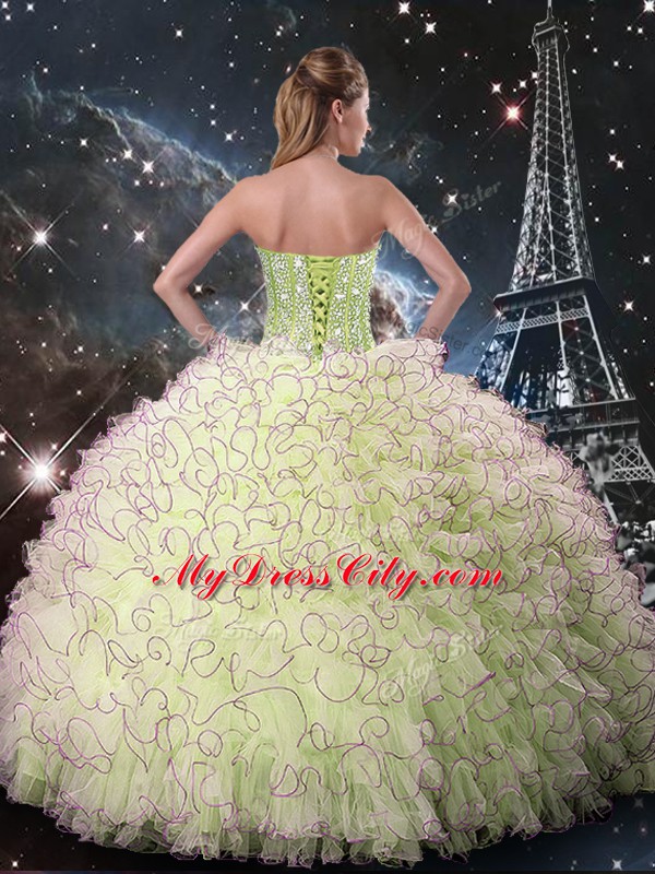 Most Popular Sweetheart Sleeveless Lace Up Quinceanera Dresses Yellow Green Organza